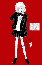 Rule 34 | 1girl, ^ ^, absurdres, blazer, blush, bow, bowtie, closed eyes, dot nose, facing viewer, full body, greyscale with colored background, hand up, highres, jacket, kneehighs, long sleeves, medium hair, middle finger, miniskirt, noroi (rnatataki), open clothes, open jacket, original, parted lips, pleated skirt, red background, school uniform, shoes, simple background, skirt, sleeves past wrists, smile, socks, solo, standing, sweater