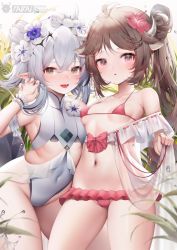 Rule 34 | 2girls, :d, :o, animal ears, antenna hair, arknights, arm strap, artist name, bare shoulders, bikini, blush, bow, breasts, brown hair, casual one-piece swimsuit, chinese commentary, claw pose, collarbone, commentary request, contrapposto, covered navel, cowboy shot, crocodilian tail, day, eyjafjalla (arknights), eyjafjalla (summer flower) (arknights), female focus, flower, frilled bikini, frills, goat ears, goat horns, groin, hair bun, hair flower, hair ornament, hibiscus, highres, horns, micro bikini, multiple girls, navel, off shoulder, official alternate costume, one-piece swimsuit, open mouth, outdoors, parted lips, pink bow, pink flower, pointy ears, ponytail, purple eyes, red bikini, see-through, short hair with long locks, silver hair, single hair bun, small breasts, smile, stomach, swimsuit, tail, taitai, thighs, tomimi (arknights), tomimi (silent night) (arknights), white flower, white one-piece swimsuit, wrist cuffs, yellow eyes