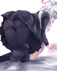 Rule 34 | 1girl, absurdres, ass, bed sheet, black serafuku, black skirt, blue archive, blush, colored inner hair, halo, highres, holding, long hair, long sleeves, multicolored hair, open mouth, panties, panties under pantyhose, pantyhose, pink hair, plana (blue archive), pleated skirt, red halo, school uniform, serafuku, simple background, skirt, soles, solo, striped clothes, striped panties, toes, underwear, white background, white hair, yoowaru