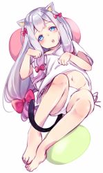 Rule 34 | 10s, 1girl, :o, animal ears, bare legs, barefoot, blue eyes, blush, bow, cat ears, cat tail, eromanga sensei, feet, feet together, foreshortening, hair bow, half-closed eyes, izumi sagiri, kemonomimi mode, long hair, looking at viewer, low-tied long hair, navel, open mouth, panties, paw pose, pink bow, shirt, short sleeves, side-tie panties, silver hair, simple background, solo, tail, teeth, thighs, underwear, v-neck, wankoo-mikami, white background, white panties, white shirt