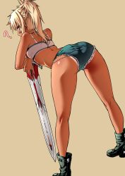 Rule 34 | 1girl, ?, absurdres, ass, bare shoulders, bent over, blonde hair, boots, braid, clarent (fate), cutoffs, f.w.zholic, fate (series), french braid, from behind, green eyes, highres, looking at viewer, micro shorts, mordred (fate), mordred (fate/apocrypha), mordred (memories at trifas) (fate), ponytail, short shorts, shorts, simple background, solo, standing, sword, tan, tanline, thighs, weapon