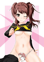Rule 34 | 1girl, atlus, bad id, bad pixiv id, blush, breasts, brown hair, censored, clothes lift, convenient censoring, ichinose yuu, kujikawa rise, midriff, novelty censor, one eye closed, panties, panties around leg, persona, persona 4, shirt lift, smile, solo, twintails, underboob, underwear, white panties, wink