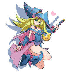 Rule 34 | 1girl, aqua eyes, ass, bare shoulders, blonde hair, blue footwear, blue hat, blush stickers, bracer, breasts, cleavage, closed mouth, dark magician girl, duel monster, flat ass, full body, hair between eyes, hat, heart, highres, holding, holding wand, knees apart feet together, long hair, medium breasts, no panties, pentagram, silhouette, simple background, sjw kazuya, smile, solo, thighs, wand, white background, wizard hat, yu-gi-oh!, yu-gi-oh! duel monsters