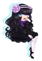 Rule 34 | 1girl, ;d, animal crossing, black dress, black hair, blue eyes, blunt bangs, crossed legs, curly hair, dress, full body, gothic lolita, hairband, high heels, horns, lolita fashion, long hair, looking at viewer, missybird, muffy (animal crossing), nintendo, one eye closed, open mouth, personification, scarf, signature, silhouette, sitting, smile, solo, transparent background, watermark, web address, wink, yawning
