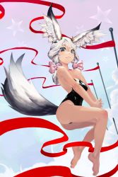 Rule 34 | absurdres, ass, bare shoulders, barefoot, blade &amp; soul, blue eyes, breasts, head wings, highres, long hair, looking at viewer, smile, solo, star-shaped pupils, star (symbol), symbol-shaped pupils, tail, waterswing, white hair, wings