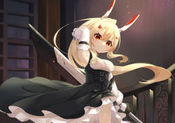 Rule 34 | 1girl, absurdres, arm up, armpits, ayanami (azur lane), ayanami (nightfall raiment) (azur lane), azur lane, bare shoulders, black bow, black dress, blonde hair, bow, breasts, closed mouth, detached sleeves, dress, ebichiri sunday, hair between eyes, hair ornament, hairclip, headgear, high ponytail, highres, holding, holding sword, holding weapon, indoors, long hair, medium breasts, official alternate costume, ponytail, red eyes, smile, solo, sword, very long hair, weapon, white sleeves