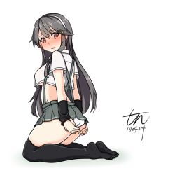 Rule 34 | 1girl, alternate costume, asashio (kancolle), asashio (kancolle) (cosplay), ass, ass grab, black hair, black thighhighs, blush, breasts, commentary request, cosplay, dated, full body, grey skirt, hair ornament, hairband, hairclip, haruna (kancolle), kantai collection, long hair, looking back, microskirt, midriff, miniskirt, open clothes, open mouth, open shirt, panties, pleated skirt, shirt, short sleeves, signature, simple background, skirt, solo, striped clothes, striped panties, suspender skirt, suspenders, thighhighs, thighs, tun, underboob, undersized clothes, underwear, white background, white hairband, white panties, white shirt, zettai ryouiki