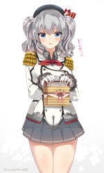 Rule 34 | 10s, 1girl, ascot, basket, beret, blue eyes, cowboy shot, epaulettes, frilled sleeves, frills, gloves, gradient background, hair ornament, hat, highres, jacket, kantai collection, kashima (kancolle), long hair, looking at viewer, military jacket, pleated skirt, sidelocks, silver hair, simple background, skirt, smile, solo, suzuki toto, tsurime, twintails, twitter username, uniform, wavy hair, white gloves
