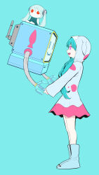 Rule 34 | 2girls, absurdres, aimaina, alternate costume, aqua hair, blue footwear, closed mouth, dress, expressionless, green background, hatsune miku, highres, hood, hooded dress, multicolored clothes, multicolored dress, multiple girls, open mouth, pink eyes, pinocchio-p, shoes, simple background, vocaloid, yozurina (vocaloid)