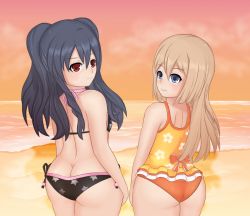 Rule 34 | 2girls, ass, bare shoulders, bikini, black hair, blue eyes, blush, brown hair, butt crack, flat chest, from behind, long hair, looking at viewer, looking back, multiple girls, neptune (series), one-piece swimsuit, ram (neptunia), red eyes, shiny skin, smile, swimsuit, twintails, uni (neptunia), vemmys