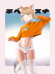 Rule 34 | 1girl, absurdres, alternate costume, alternate hairstyle, animal ear fluff, animal ears, arm up, beleven, border, brown hair, crop top, cropped sweater, extra ears, fox ears, fox girl, fox tail, gluteal fold, greyscale, highres, kemono friends, light brown hair, long sleeves, looking to the side, medium hair, midriff, monochrome, multicolored hair, navel, no pants, orange sweater, outside border, paid reward available, panties, parted bangs, parted lips, short twintails, skindentation, sleeves past wrists, solo, stomach, sweater, tail, thighhighs, tibetan fox (kemono friends), twintails, twitter username, two-tone hair, underwear, white border, white panties, white thighhighs, yellow eyes