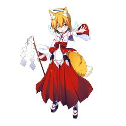 Rule 34 | 1girl, animal ear fluff, animal ears, blonde hair, covered navel, dennou tenshi djibril, detached sleeves, detached wings, fox ears, fox girl, fox tail, full body, gohei, grin, hakama, hakama short skirt, hakama skirt, halo, holding, japanese clothes, kuuchuu yousai, looking at viewer, miko, official art, outstretched arm, platform footwear, red hakama, short hair, skirt, smile, solo, standing, tail, transparent background, wings, yellow eyes