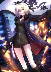 Rule 34 | ahoge, belt boots, black dress, blonde hair, blue coat, boots, breasts, brown footwear, building, coat, dress, fate/grand order, fate (series), flag, fur trim, hair between eyes, highres, holding, holding sword, holding weapon, jeanne d&#039;arc (fate), jeanne d&#039;arc alter (fate), jeanne d&#039;arc alter (ver. shinjuku 1999) (fate), long sleeves, looking at viewer, medium breasts, night, official alternate costume, open clothes, open coat, parted lips, shigure s, skyscraper, solo, standing, sword, taut clothes, thighs, weapon, yellow eyes