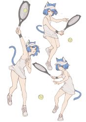 Rule 34 | 1girl, :o, animal ears, arm up, badminton, badminton racket, ball, blue hair, breasts, cat ears, cat tail, dress, full body, green ball, hand up, holding, holding racket, looking to the side, mogumo, multiple views, open mouth, original, playing, playing sports, racket, red eyes, shoes, short dress, simple background, small breasts, sneakers, sportswear, sweat, tail, white background, wristband