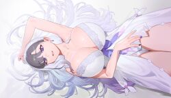 Rule 34 | 1girl, absurdres, azarashi hapu, black nails, blue bow, blue hair, blue nails, bow, breasts, dress, earrings, gradient hair, grey hair, highres, huge breasts, jewelry, light blue hair, long hair, looking at viewer, lying, mole, mole on breast, mole under eye, multicolored hair, multicolored nails, on back, open clothes, open dress, panties, parted bangs, parted lips, purple eyes, second-party source, single earring, sohn woohyoung, solo, thighs, two-tone hair, underwear, v-llage, very long hair, virtual youtuber, white dress, white hair, white panties