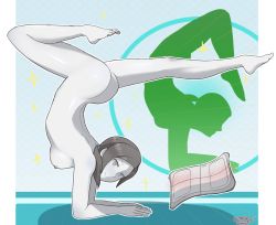 Rule 34 | 1girl, artist name, ass, black hair, breasts, colored skin, feet, flexible, gradient background, grey eyes, handstand, looking at viewer, nintendo, nipples, nude, ponytail, sarukaiwolf, smile, solo, toes, white skin, wii fit, wii fit trainer, wii fit trainer (female)