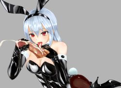 Rule 34 | 1girl, boots, bow, bowtie, rabbit tail, playboy bunny, caressing testicles, cum, detached collar, ejaculation, elbow gloves, fellatio, femdom, gloves, highres, latex, latex gloves, onakinkamesan, oral, pantyhose, penis, red eyes, silver hair, tail, testicles, tongue