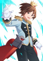 Rule 34 | 1boy, :d, black pants, bright pupils, brown eyes, brown hair, buttons, commentary request, cowboy shot, creatures (company), crown, epaulettes, game freak, gloves, highres, jacket, long sleeves, looking to the side, male focus, mini crown, mocacoffee 1001, nate (champion) (pokemon), nate (pokemon), nintendo, official alternate costume, open mouth, pants, pokemon, pokemon masters ex, short hair, signature, smile, solo, teeth, tongue, upper teeth only, white gloves, white pupils