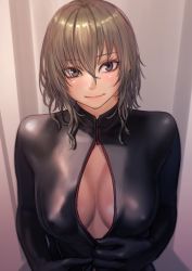 Rule 34 | 1girl, bodysuit, breasts, brown eyes, brown hair, commentary request, covered erect nipples, eyelashes, highres, kilye kairi, looking at viewer, medium breasts, original, short hair, skin tight, smile, solo, unzipping, upper body