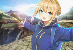 Rule 34 | 1girl, alternate costume, aqua eyes, artoria pendragon (all), artoria pendragon (fate), backpack, bag, blonde hair, blue jacket, blue sky, blurry, braid, cloud, cobblestone, commentary request, depth of field, fate (series), french braid, hair between eyes, hood, hood down, hooded jacket, jacket, kongbai, lens flare, looking at viewer, mountain, open mouth, outstretched arms, rainbow, reaching, reaching towards viewer, saber (fate), scenery, selfie, sidelocks, sky, solo, spread arms, standing, stone walkway, teeth, thermos, upper body, upper teeth only, vacation, water, waterfall