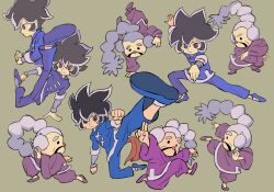 Rule 34 | 2boys, arm up, arms up, black eyes, black hair, black pants, blue footwear, blue jacket, braid, braided ponytail, brown background, clenched hands, closed mouth, commentary request, facial hair, fighting stance, grey hair, hair between eyes, handstand, highres, jacket, kicking, long hair, looking at viewer, looking to the side, male focus, master mantis, multiple boys, multiple views, mustache, nintendo, one arm handstand, pants, profile, purple footwear, purple jacket, purple pants, rinabee (rinabele0120), shoes, short hair, simple background, single braid, smile, solid circle eyes, v-shaped eyebrows, warioware, young cricket