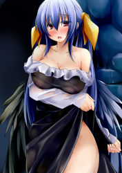 Rule 34 | 1girl, asymmetrical wings, bare shoulders, blue hair, blush, breast hold, breasts, covered erect nipples, dd mayohara, dizzy (guilty gear), dress, guilty gear, guilty gear x, guilty gear xx, hair ribbon, large breasts, legs, long hair, looking at viewer, nipples, open mouth, red eyes, ribbon, see-through, side slit, solo, thighs, wet, wide hips, wings