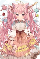 Rule 34 | 1girl, animal ears, candy, candy cane, cat ears, cat girl, dress, fake halo, food, goma (u p), halo, lollipop, original, pink eyes, pink hair, smile, stuffed animal, stuffed toy, twintails