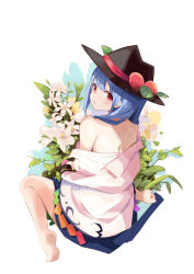 Rule 34 | 1girl, bare shoulders, barefoot, black hat, blue hair, blue skirt, commentary request, fedora, flower, food, from behind, fruit, hat, highres, hinanawi tenshi, leaf, long hair, looking at viewer, looking back, miniskirt, off shoulder, peach, red eyes, revision, shirt, sitting, skirt, solo, tetsurou (fe+), touhou, wariza, white background, white flower, white shirt