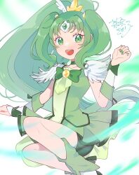 Rule 34 | 1girl, bike shorts under skirt, bow, chakai sakako, choker, commentary, cure march, earrings, feather sleeves, green bow, green choker, green eyes, green nails, green theme, highres, jewelry, long hair, midorikawa nao, open mouth, parted bangs, precure, smile, smile precure!, solo, tri tails
