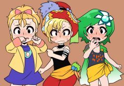 Rule 34 | 1990s (style), 3girls, armor, blonde hair, blush, bow, cape, choker, commentary request, covering own mouth, dress, final fantasy, final fantasy iv, final fantasy v, final fantasy vi, flower, full-face blush, green hair, hair bow, hair flower, hair ornament, hand over own mouth, hat, jacket, krile mayer baldesion (ff5), multiple girls, pants, pauldrons, ponytail, relm arrowny, retro artstyle, rydia (ff4), short hair, shoulder armor, simple background, strapless, sweat, tube top, wavy mouth, yuuya (blue scarab)