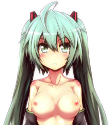 Rule 34 | 1girl, ahoge, blush, breasts, detached sleeves, green eyes, green hair, hatsune miku, long hair, matching hair/eyes, md5 mismatch, nipples, resolution mismatch, simple background, solo, source smaller, tanashi (mk2), topless, twintails, vocaloid, white background