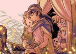 Rule 34 | 2boys, 2girls, armlet, belt, bianca (dq5), black hair, blonde hair, blue eyes, blunt bangs, bow, bracelet, braid, breasts, cape, child, cloak, closed eyes, collarbone, commentary request, dragon quest, dragon quest v, dress, father and daughter, father and son, finger to mouth, fireflies, gloves, green dress, hair bow, hair over shoulder, heads together, healslime, hero&#039;s daughter (dq5), hero&#039;s son (dq5), hero (dq5), highres, holding hands, husband and wife, jewelry, light blush, long hair, low ponytail, medium breasts, mother and daughter, mother and son, mouyi, multiple boys, multiple girls, neck ring, open mouth, orange cape, outdoors, purple cape, purple cloak, purple headwear, ring, short hair, siblings, single braid, sitting, sleeping, spiked hair, staff, tunic, turban, twins, upper body, wagon, wedding ring, white gloves, white tunic