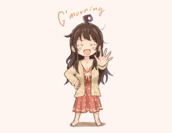 Rule 34 | 1girl, ahoge, breasts, brown hair, cleavage, commentary request, english text, closed eyes, full body, hair down, hand on own hip, kantai collection, kongou (kancolle), medium breasts, messy hair, open mouth, polka dot, saiguchi otoufu, sleepwear, smile, solo