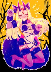 Rule 34 | 1girl, animal ears, blonde hair, blush, boots, bow, cosplay, elbow gloves, embarrassed, facial mark, fangs, fate/grand order, fate (series), flat chest, full-face blush, fur-trimmed gloves, fur-trimmed legwear, fur trim, gloves, halloween, halloween costume, high heel boots, high heels, hizuki aya, horns, ibaraki douji (fate), lace, lace-trimmed legwear, lace trim, long hair, mash kyrielight, mash kyrielight (dangerous beast), mash kyrielight (dangerous beast) (cosplay), o-ring, o-ring top, official alternate costume, oni, oni horns, open mouth, panties, purple gloves, purple thighhighs, red bow, revealing clothes, shielder (fate/grand order) (cosplay), solo, tail, tears, thigh boots, thighhighs, underwear, wolf ears, wolf tail, yellow eyes