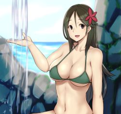 Rule 34 | 10s, 1girl, :d, amagi (kancolle), arm at side, arm support, bikini, blurry, breasts, brown eyes, brown hair, cleavage, collarbone, day, depth of field, green bikini, hair between eyes, hayabusa, kantai collection, large breasts, long hair, looking at viewer, mole, mole under eye, open mouth, outdoors, ponytail, sitting, sky, smile, solo, stomach, stone wall, swimsuit, underboob, upper body, wall