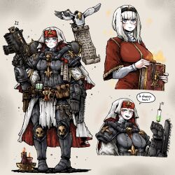Rule 34 | 1girl, adepta sororitas, armor, bird, bolter, book, breasts, candle, chainsaw, chainsword, english text, grey eyes, habit, highres, large breasts, medic, octosoup, pigeon, power armor, purity seal, robe, scroll, skirt, skull, solo, syringe, warhammer 40k, weapon, white hair