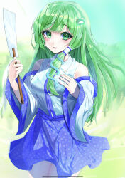 Rule 34 | 1girl, :d, absurdres, bare shoulders, blue skirt, blunt bangs, blush, breasts, commentary, cowboy shot, detached sleeves, frog hair ornament, gohei, green eyes, green hair, hair ornament, hair tubes, hand on own chest, hands up, highres, holding, holding gohei, kochiya sanae, legs together, looking at viewer, medium breasts, nyarocks, open mouth, polka dot, polka dot skirt, revision, simple background, skirt, smile, snake hair ornament, solo, swept bangs, touhou, vest, white vest, wing collar