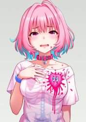 Rule 34 | 1girl, ahoge, blue hair, blush, bracelet, breasts, collar, collarbone, commentary request, earrings, fang, grey background, hair intakes, heart, heart-shaped lock, heart on chest, idolmaster, idolmaster cinderella girls, jewelry, looking at viewer, multicolored hair, nail polish, open mouth, pill earrings, pink collar, pink eyes, pink hair, pink nails, ring, shirt, short hair, short sleeves, simple background, skeleton print, solo, t-shirt, tears, two-tone hair, upper body, yoga doujou (misawajima), yumemi riamu