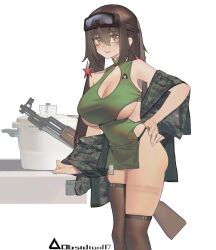 Rule 34 | 1girl, artist name, assault rifle, asymmetrical legwear, blush, breasts, brown eyes, brown hair, camouflage, camouflage jacket, cleavage, cowboy shot, eyewear on head, girls&#039; frontline, goggles, goggles on head, gun, hand on own hip, highres, jacket, kalashnikov rifle, large breasts, long hair, looking at viewer, no panties, off shoulder, open clothes, open jacket, red star, rifle, rosetta(obsidian117), solo, star (symbol), thighhighs, type 56-1 (girls&#039; frontline), type 56-1 (mod3) (girls&#039; frontline), type 56 assault rifle, weapon, white background