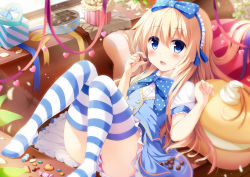 Rule 34 | 1girl, blonde hair, blue dress, blue eyes, blush, bow, cake, chair, cookie, dress, food, hair bow, heart, long hair, noe noel, open mouth, original, panties, pantyshot, pink panties, polka dot, polka dot bow, puffy short sleeves, puffy sleeves, ribbon, shirt, short sleeves, sitting, smile, solo, striped clothes, striped thighhighs, thighhighs, underwear, very long hair