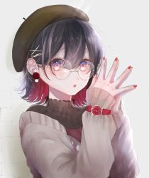 Rule 34 | 1girl, absurdres, beret, black hair, brick wall, brown hat, brown sweater, collarbone, commentary request, earrings, glasses, glint, hair between eyes, hair ornament, hairclip, hands up, hat, highres, ichijiku (user yhjw8354), jewelry, long sleeves, looking at viewer, multicolored hair, nail polish, original, own hands together, parted lips, purple eyes, red hair, red nails, round eyewear, shadow, short hair, sleeves past wrists, solo, steepled fingers, sweater, two-tone hair, upper body, watch, wristwatch, x hair ornament