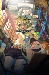 Rule 34 | 1girl, absurdres, bare shoulders, belt, belt buckle, blonde hair, bow, buckle, cable, crying, crying with eyes open, detached sleeves, flat chest, foreshortening, green eyes, hair bow, hair ornament, hairclip, headphones, headset, heart, highres, hologram, kagamine len, kagamine rin, khazure, kokoro (vocaloid), light particles, looking down, microsoft windows, midriff, nail polish, navel, neckerchief, open mouth, reaching, reaching towards viewer, ringed eyes, robot, sailor collar, shirt, short hair, shorts, sleeveless, sleeveless shirt, solo focus, staff (music), swept bangs, tearing up, tears, treble clef, vocaloid, yellow nails, yellow neckerchief