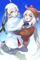 Rule 34 | 2girls, animal hood, bell, black gloves, black thighhighs, blue eyes, blush, boots, bow, breasts, brown jacket, capelet, dress, echo (circa), elbow gloves, fate/grand order, fate (series), fur-trimmed capelet, fur trim, gloves, grey hair, hair bow, headpiece, hood, jacket, jeanne d&#039;arc alter santa lily (fate), jingle bell, long hair, long sleeves, looking at viewer, marie antoinette (fate), multiple girls, open mouth, ponytail, reindeer hood, ribbon, short dress, sidelocks, small breasts, smile, striped bow, striped ribbon, thighhighs, twintails, very long hair, white capelet, white dress, white hair, yellow eyes