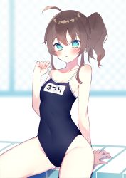 Rule 34 | 1girl, absurdres, ahoge, aqua eyes, bare shoulders, blue one-piece swimsuit, blush, breasts, chiyomaru (yumichiyo0606), hair between eyes, highres, hololive, natsuiro matsuri, one-piece swimsuit, pool, poolside, school swimsuit, short hair, side ponytail, small breasts, solo, swimsuit, thighs, virtual youtuber