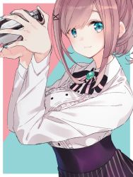 Rule 34 | 1girl, :3, aqua background, blouse, blue eyes, blue nails, blush, brooch, brown hair, closed mouth, collared shirt, from side, high-waist skirt, highres, holding, holding shaker, jewelry, long sleeves, looking at viewer, medium hair, nail polish, nekoume, nijisanji, pink background, shaker, shirt, short ponytail, simple background, sketch, skirt, solo, striped clothes, striped skirt, suzuhara lulu, two-tone background, vertical-striped clothes, vertical-striped skirt, virtual youtuber, white shirt