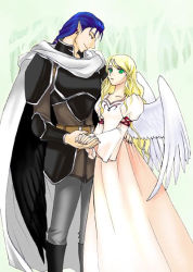 Rule 34 | 1boy, 1girl, armor, belt, black eyes, black wings, blonde hair, blue hair, boots, cape, couple, dress, earrings, eye contact, fire emblem, fire emblem: path of radiance, forest, green eyes, hand on back, holding hands, jewelry, king, laguz (race), leanne (fire emblem), long hair, looking at another, naesala (fire emblem), nature, nintendo, pants, pointy ears, ponytail, smile, tree, very long hair, wings