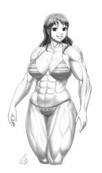 Rule 34 | 1girl, abs, absurdres, bikini, breasts, highres, large breasts, long hair, lvl (sentrythe2310), monochrome, muscular, nami (one piece), one piece, smile, swimsuit, tattoo, teeth