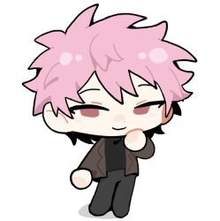Rule 34 | 1boy, atou haruki, black pants, black sweater, brown jacket, chibi, chinese commentary, closed mouth, commentary request, hand on own chin, jacket, long sleeves, male focus, open clothes, open jacket, pants, pink hair, red eyes, saibou shinkyoku, short hair, simple background, smile, solo, spoilers, sweater, turtleneck, turtleneck sweater, white background, xiaoyuweiliang