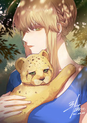 Rule 34 | 1girl, absurdres, ahoge, animal, artoria pendragon (fate), artoria pendragon (lancer) (fate), braid, breasts, closed mouth, colored eyelashes, cub, dappled sunlight, day, ebzmahs0192, fate (series), green eyes, highres, holding, holding animal, lion, lion cub, lipstick, looking at viewer, makeup, multiple braids, nature, plant, profile, short sleeves, sidelocks, sunlight, updo, upper body