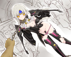 Rule 34 | 1girl, arm behind back, bdsm, blush, chain, code: nemesis (elsword), coladaisuki, crack, elsword, eve (elsword), facial mark, forehead jewel, long hair, nipples, one breast out, onlookers, panties, panty pull, pink panties, restrained, silver hair, torn clothes, underwear, wings, yellow eyes